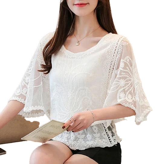 LuckeLadybug LLC elegant flower lace half sleeve blouse in white, perfect for a stylish casual look.