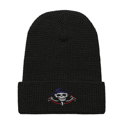 LuckeLadybug black waffle beanie with embroidered ghoul skull beanie design on front cuff