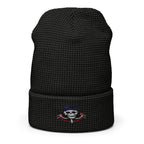 LuckeLadybug black waffle beanie with embroidered ghoul skull beanie design on cuff