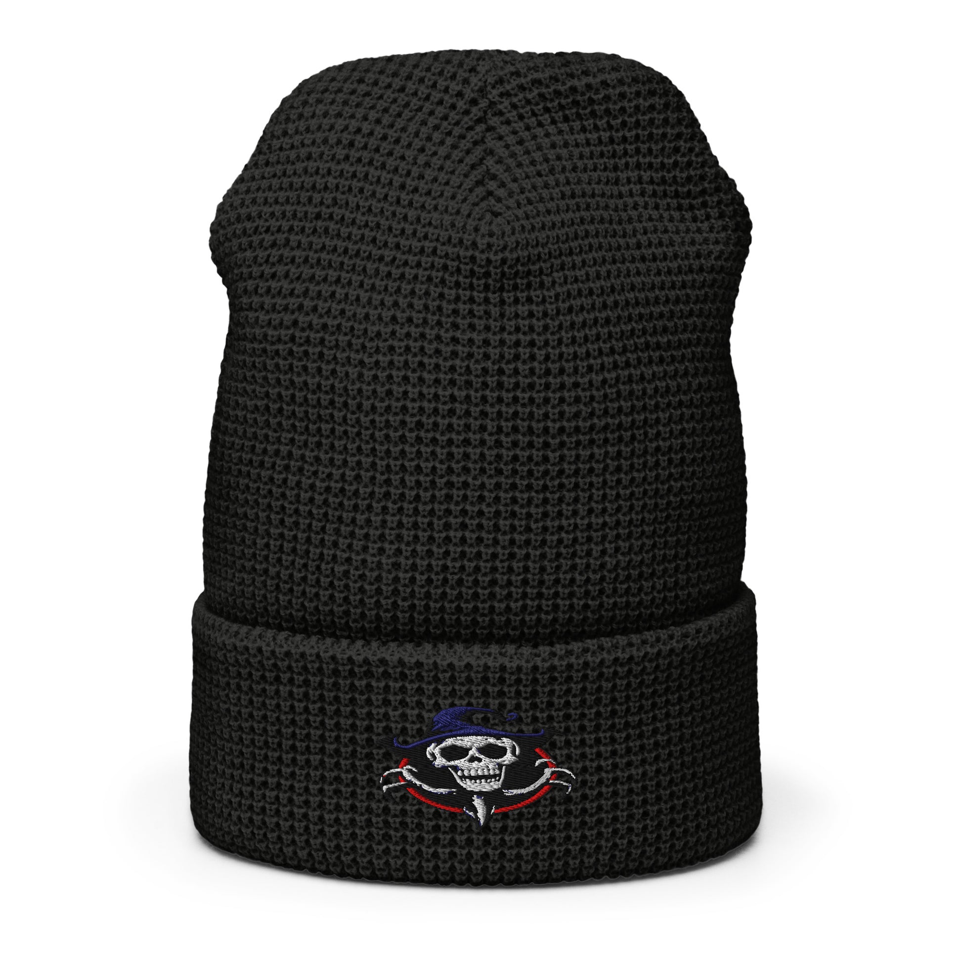LuckeLadybug black waffle beanie with embroidered ghoul skull beanie design on cuff