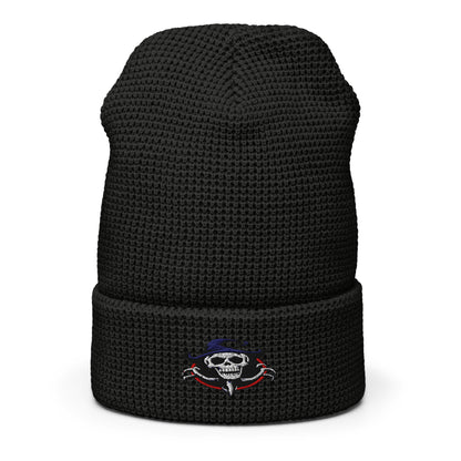 LuckeLadybug black waffle beanie with embroidered ghoul skull beanie design on cuff