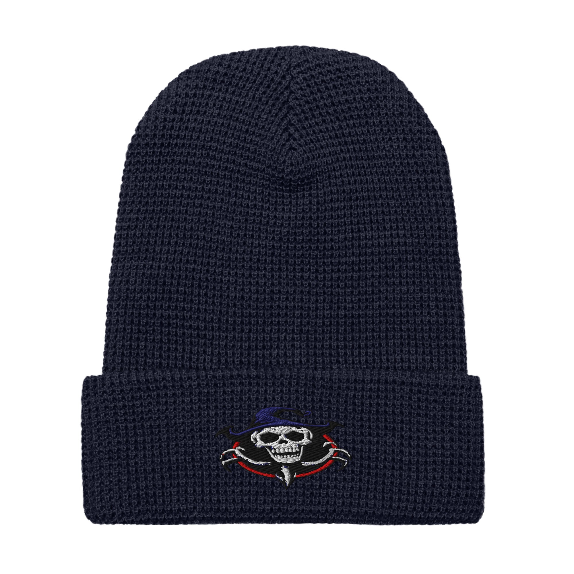 LuckeLadybug waffle beanie with embroidered ghoul skull beanie design in black knit fabric