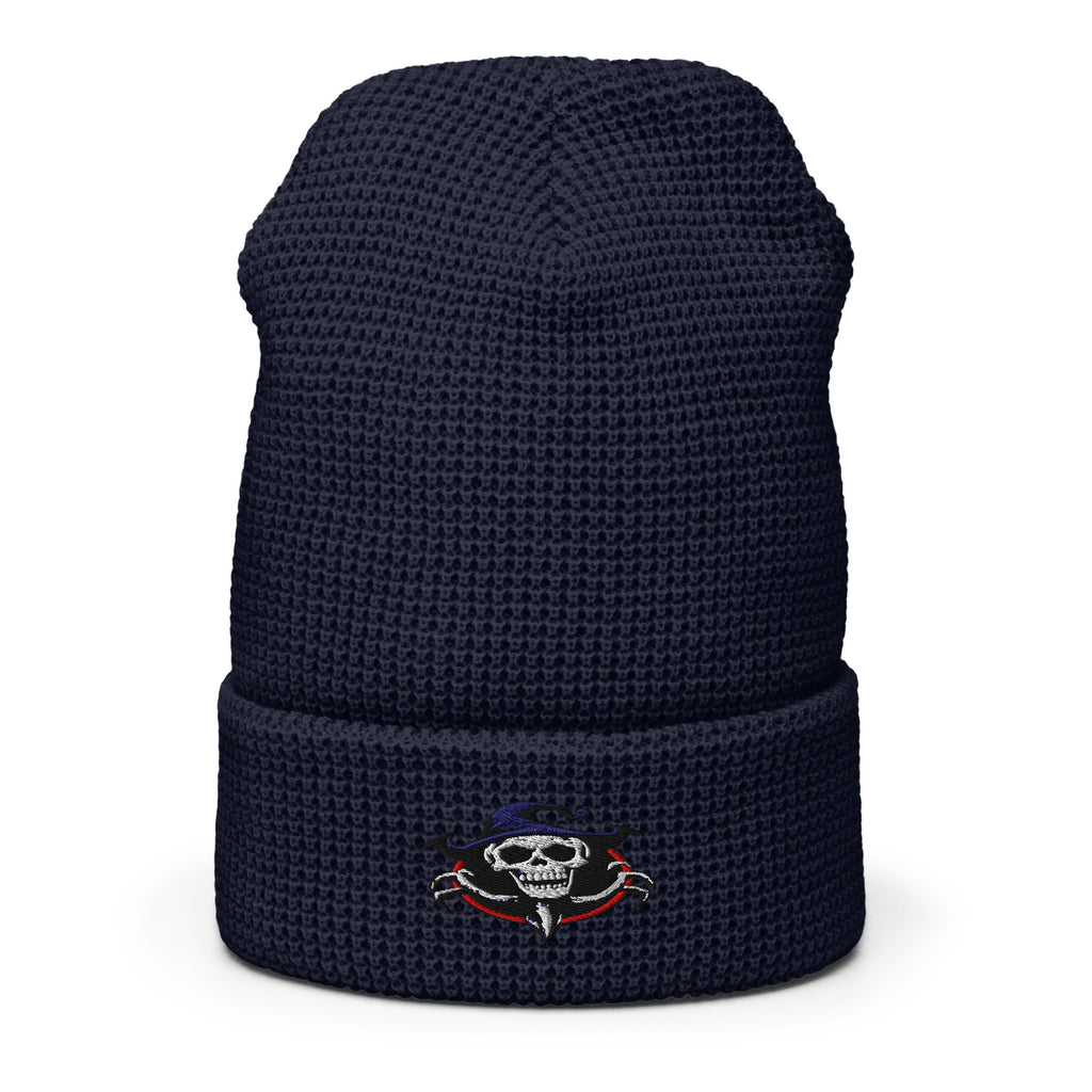LuckeLadybug waffle beanie in black with embroidered ghoul skull beanie design on cuff