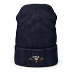 LuckeLadybug waffle beanie in black with embroidered ghoul skull beanie design on cuff