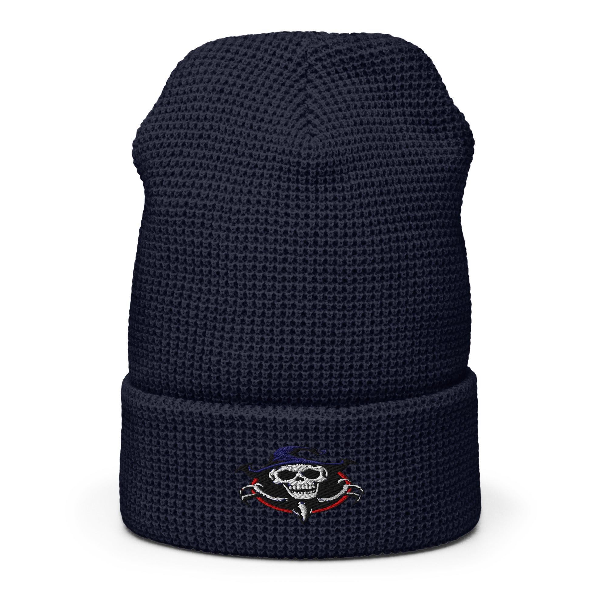LuckeLadybug waffle beanie in black with embroidered ghoul skull beanie design on cuff
