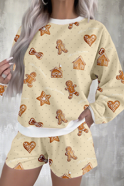 LuckeLadybug LLC Gingerbread man print shorts for festive holiday casual wear