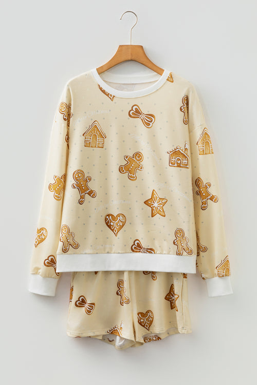 LuckeLadybug LLC Gingerbread Man Print Shorts Set with Cute Holiday Design for Cozy Wear