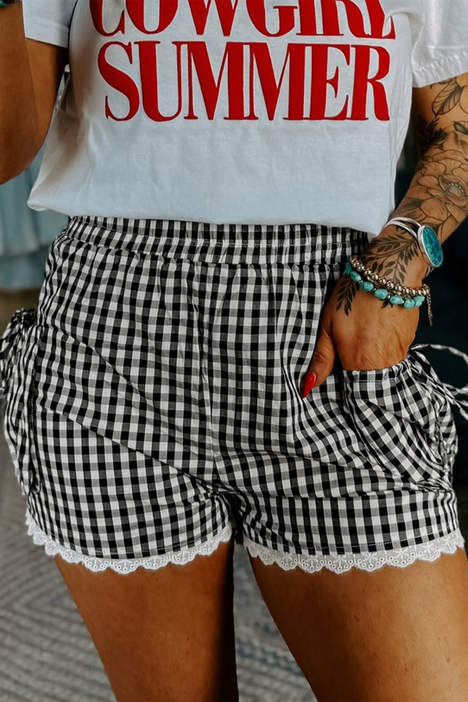 LuckeLAdybug gingham shorts with pockets and lace trim for a stylish summer look