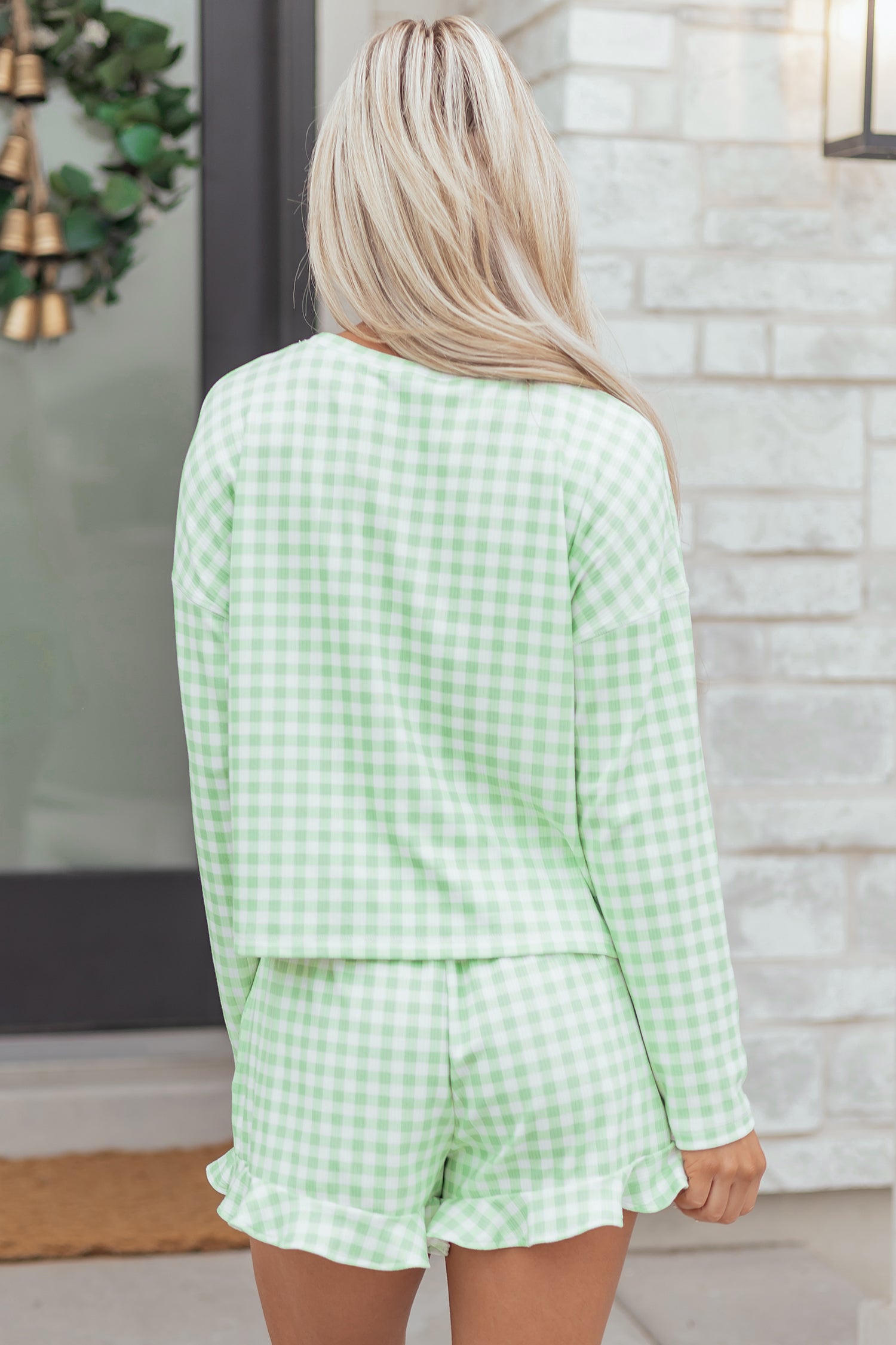 Green Gingham Top with matching shorts featuring ruffled hem for a stylish look
