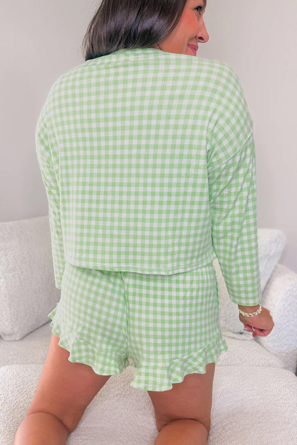 Green Gingham Top and Shorts Set with Ruffled Hem for a Stylish Summer Look