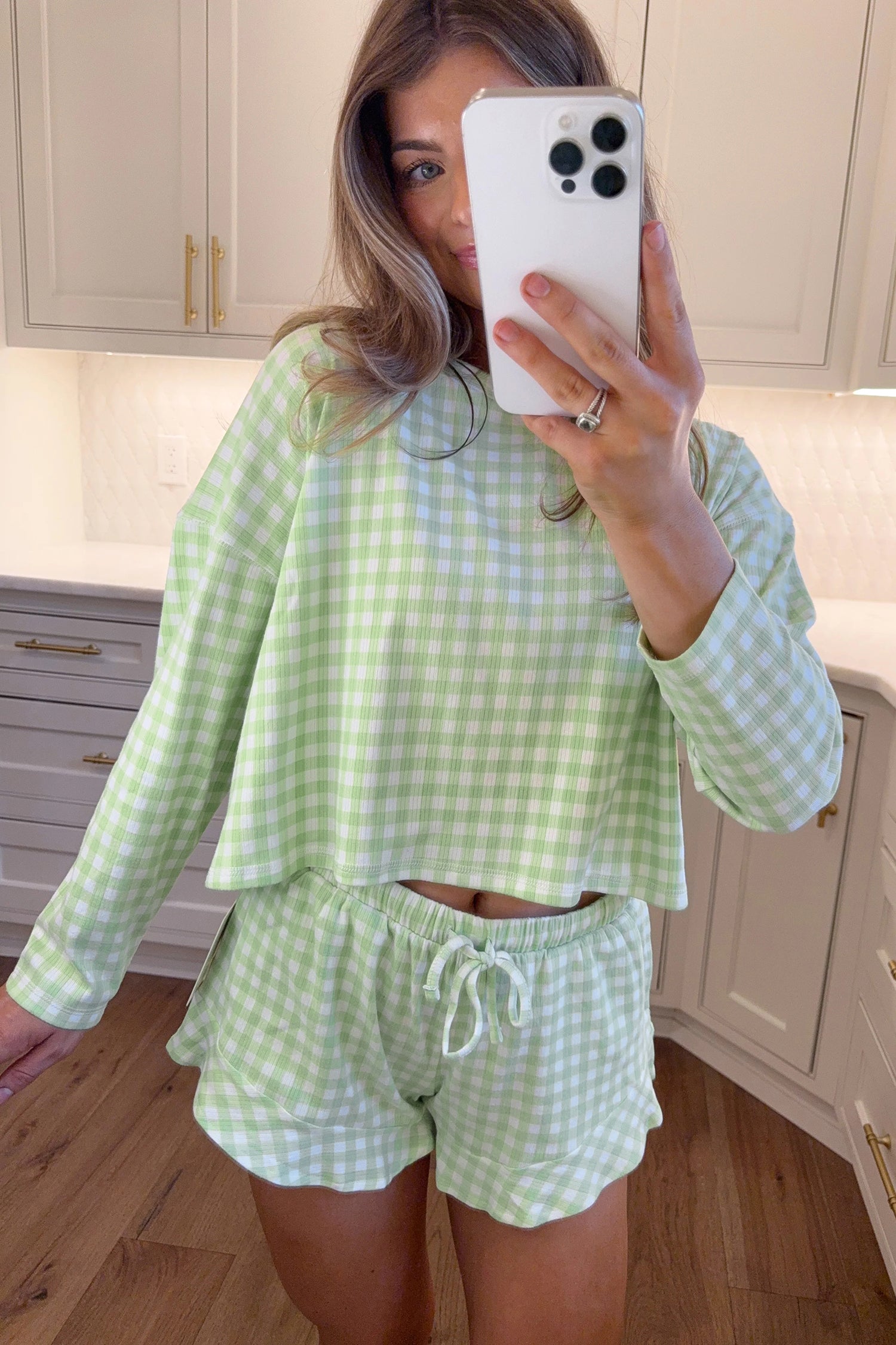 LuckeLadybug LLC Gingham Top Set featuring Green Gingham Long Sleeve Shirt and Shorts