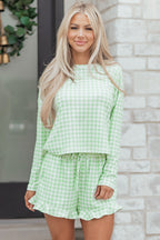 Light green gingham top and shorts set with ruffle hem for a stylish summer look