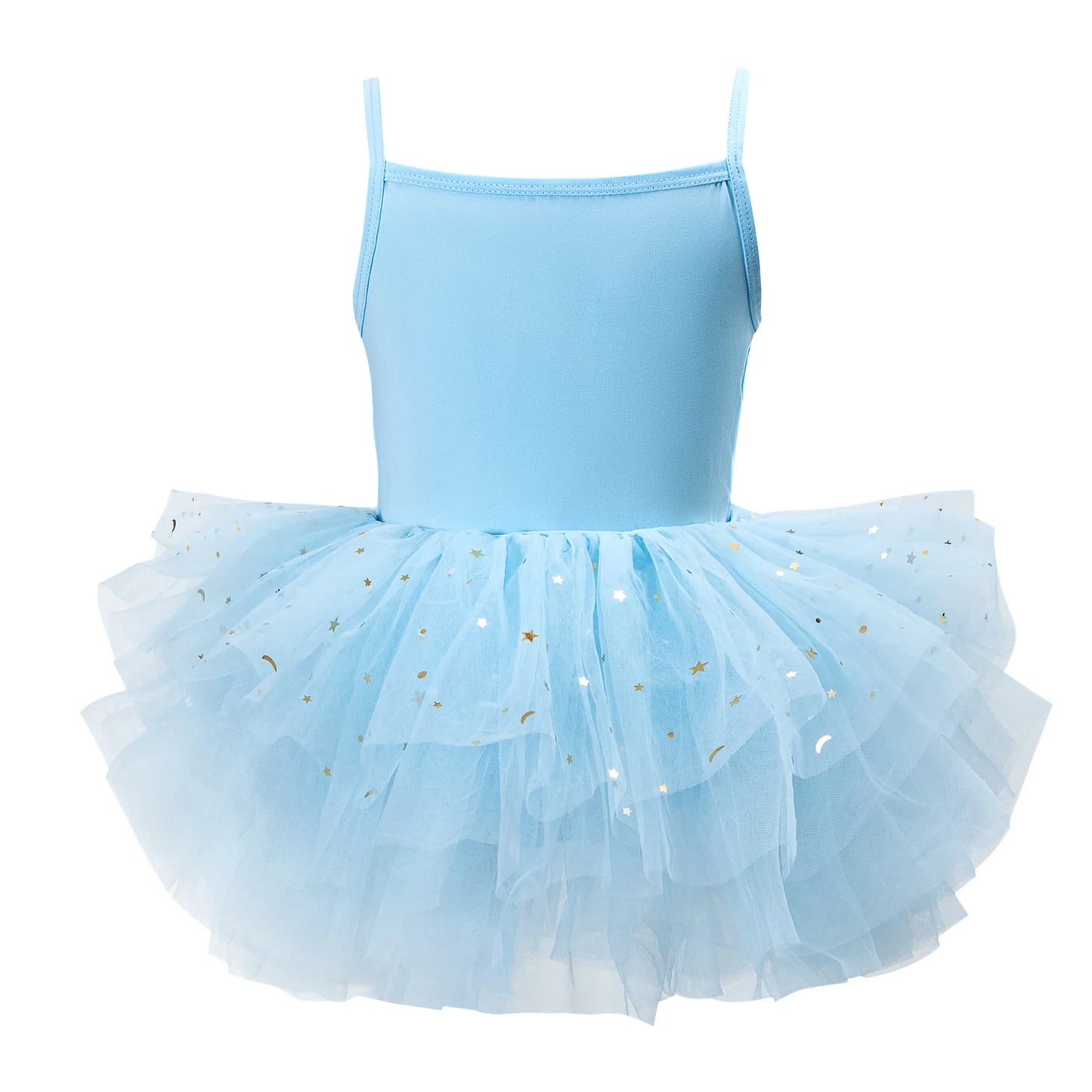 LuckeLadybug LLC girls ballet tutu dress in light blue with a starry tulle skirt