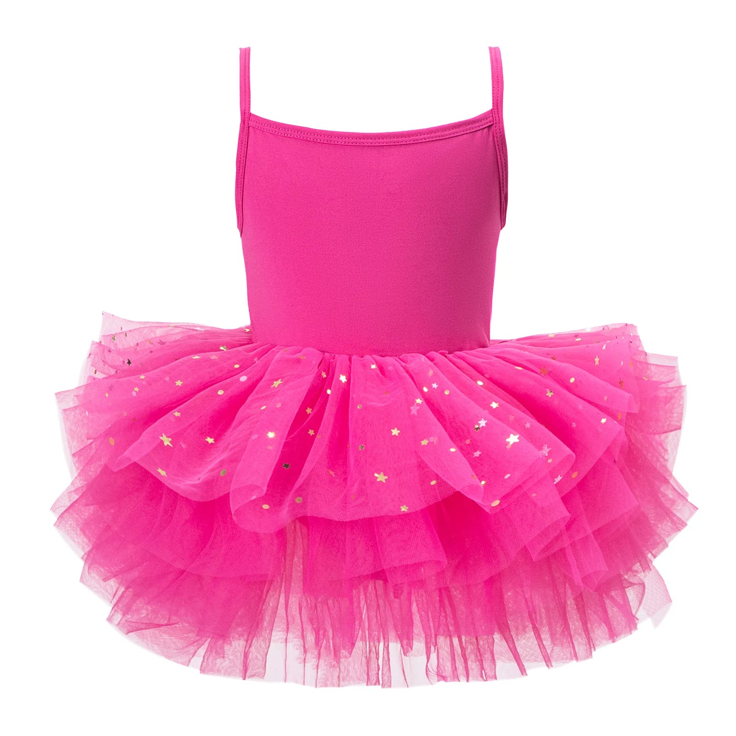 Bright pink girls ballet tutu dress featuring layered tulle with star sequins for vibrant dance outfits