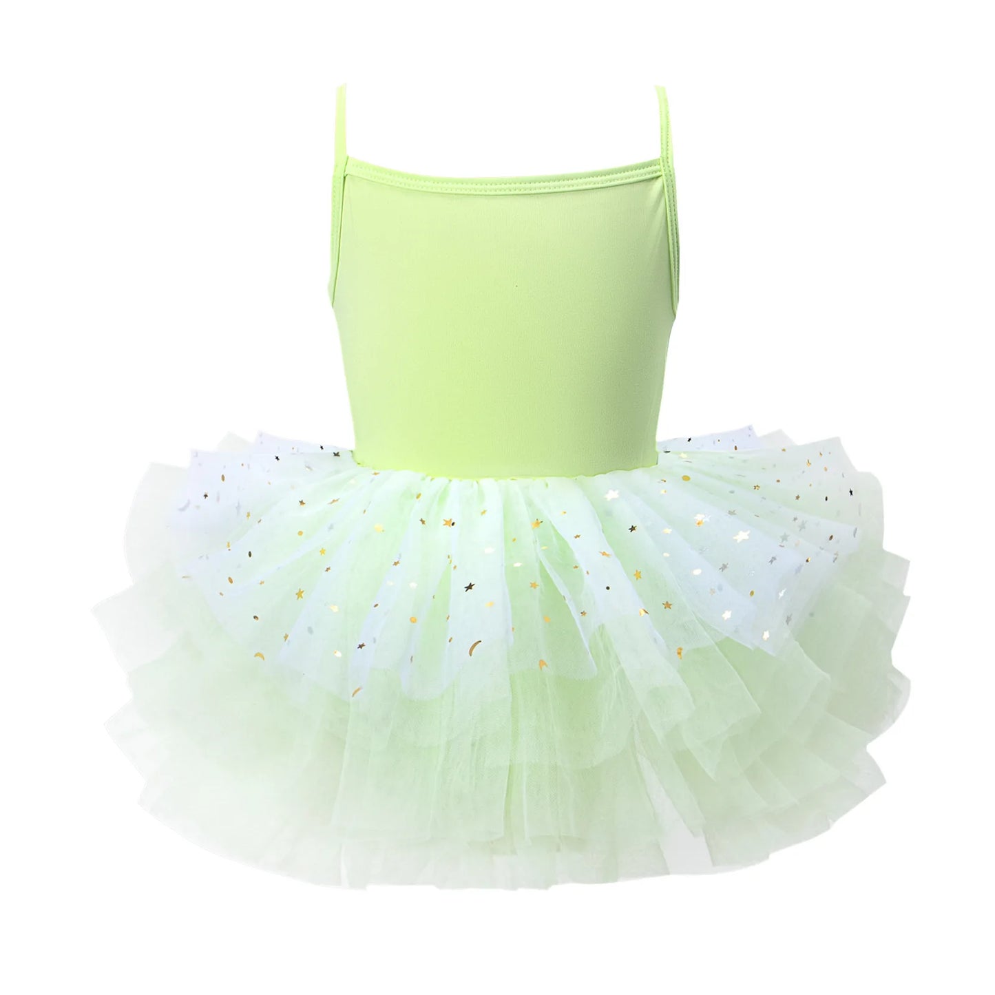 Light green girls ballet tutu dress with a layered puffy skirt and sparkling details