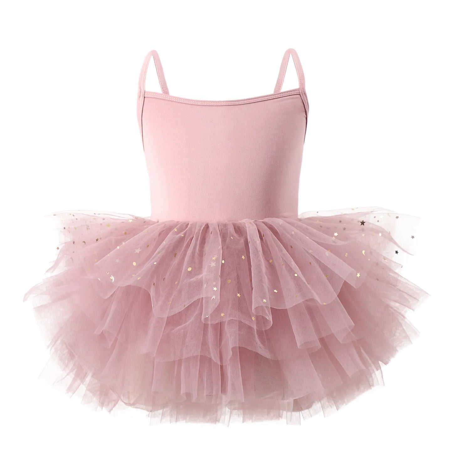 Girls ballet tutu dress in soft pink with layered tulle and decorative star accents
