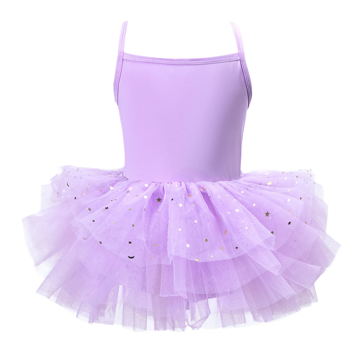 Girls ballet tutu dress in lavender with shimmering gold stars and a soft tulle skirt