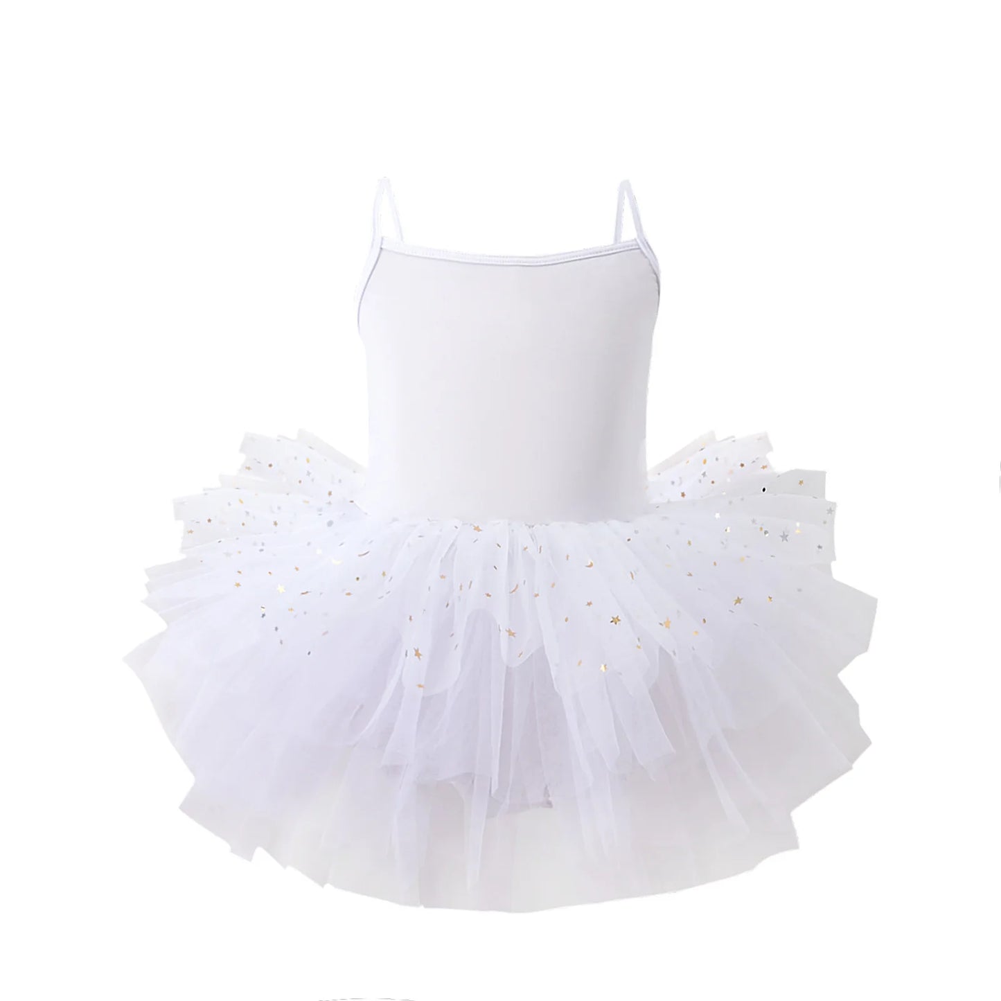 LuckeLadybug LLC girls ballet tutu dress in white with sparkly gold accents for dance and special occasions