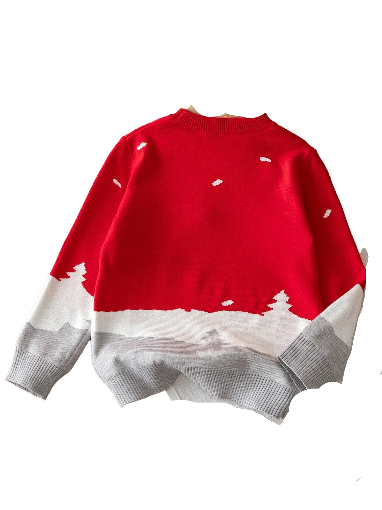 Red and gray girls Christmas deer sweater with winter scene design and festive colors