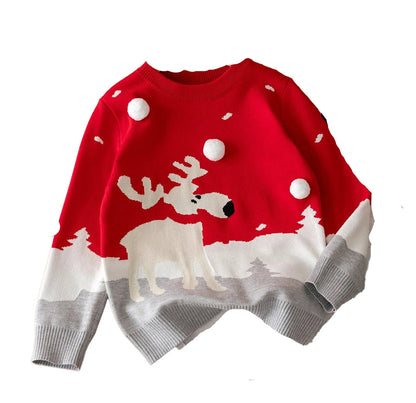 Girls Christmas deer sweater in red with a playful reindeer design and snowy landscape accents