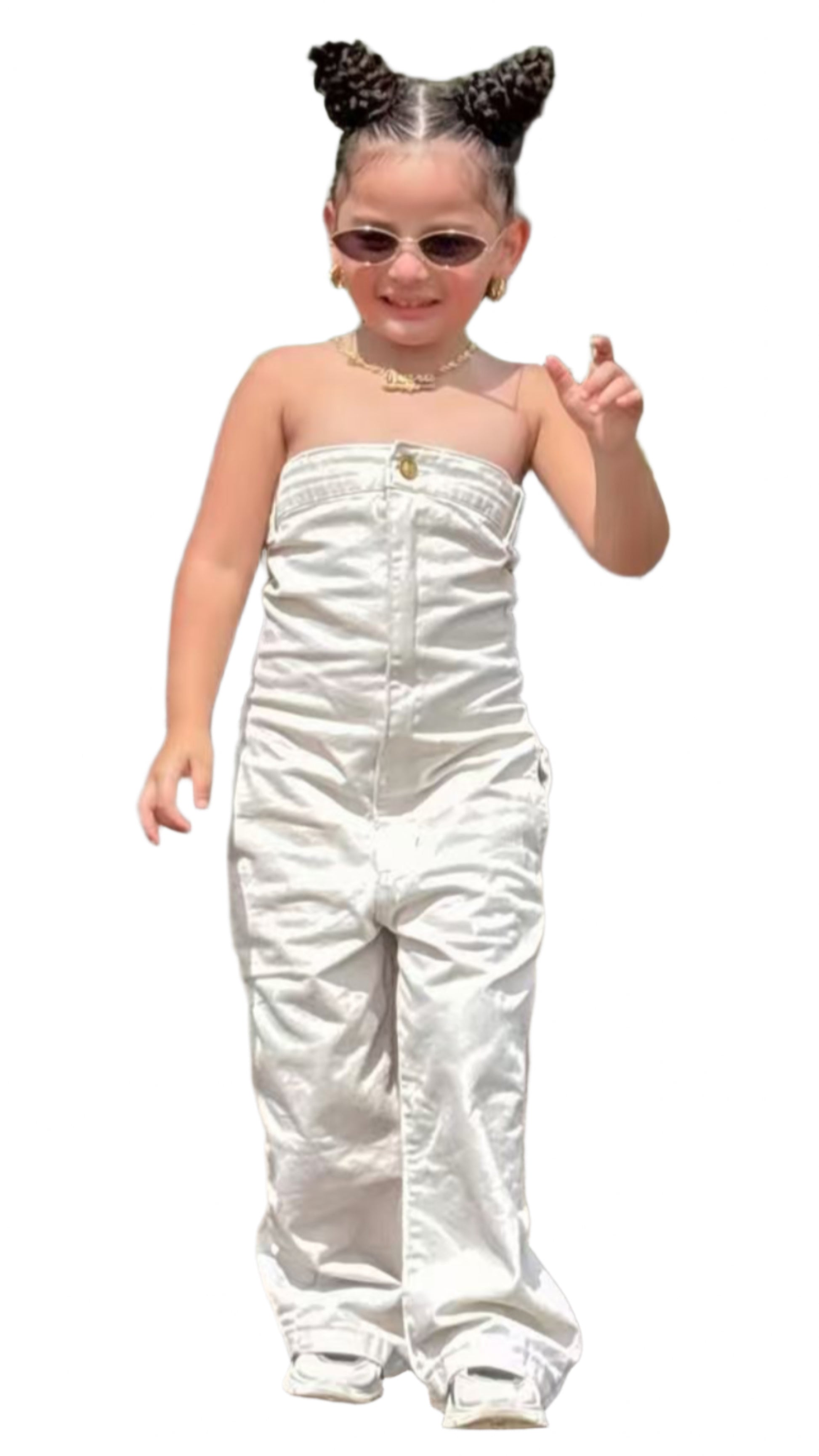 Girls cotton wide-leg jumpsuit by LuckeLadybug LLC worn by child with sunglasses and braided hair