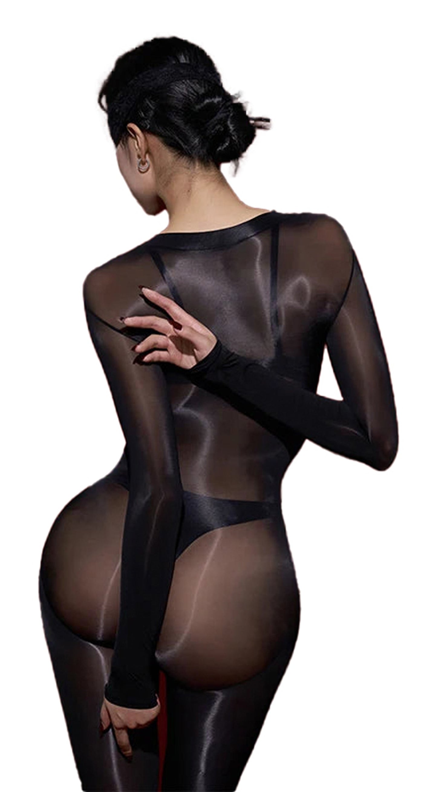 Glossy transparent bodysuit for women showcasing a sleek design and form-fitting silhouette