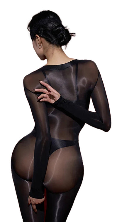 Glossy transparent bodysuit for women showcasing a sleek design and form-fitting silhouette
