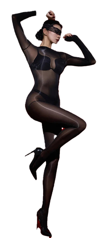 Glossy transparent bodysuit for women with long sleeves and sheer design for a fashionable look