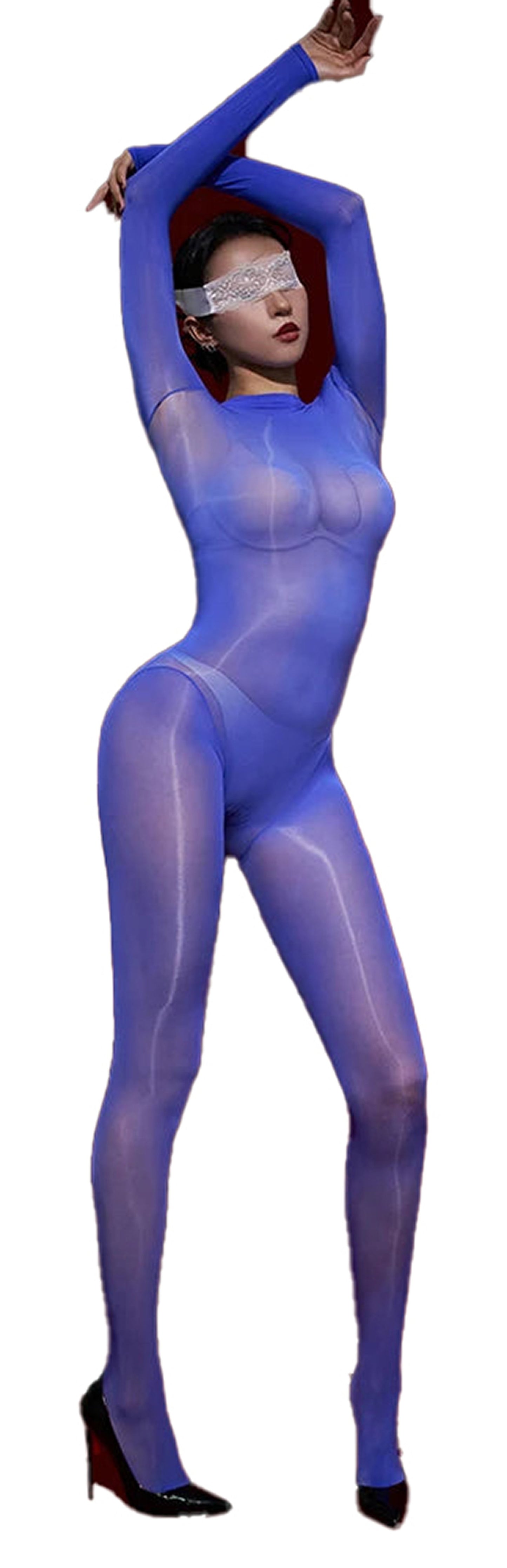 Glossy transparent bodysuit for women in blue, featuring long sleeves and a form-fitting design