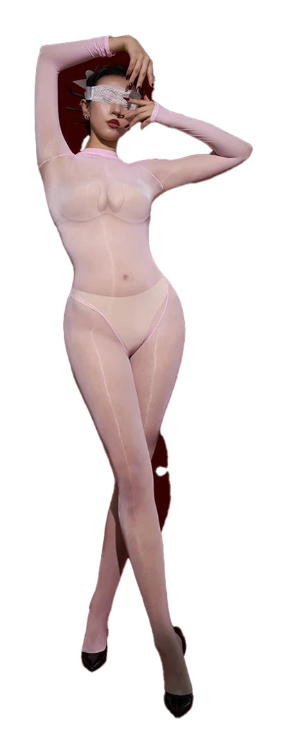 Glossy transparent bodysuit for women in soft pink, perfect for layering or daring outfits