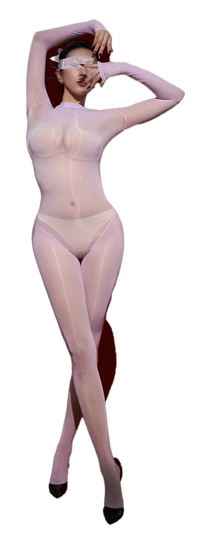 LuckeLadybug glossy transparent bodysuit for women featuring long sleeves and stylish design