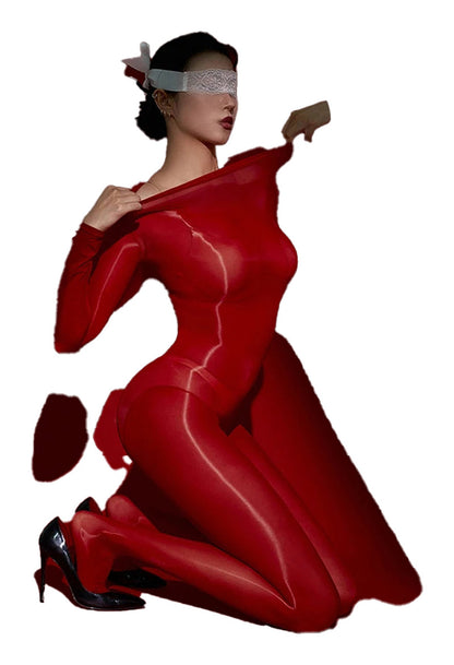 Glossy transparent bodysuit for women in red featuring a sleek design and form-fitting silhouette