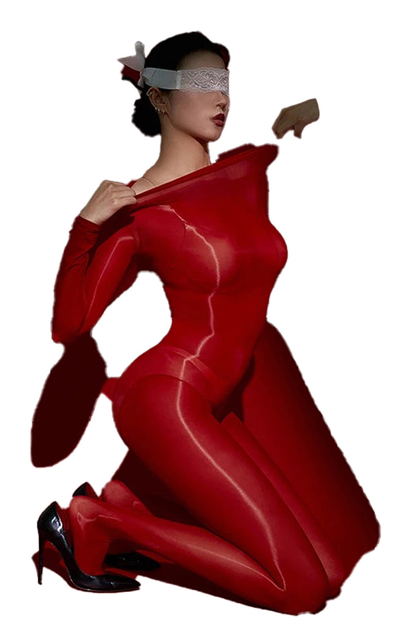 Glossy transparent bodysuit for women in red, accentuating curves with long sleeves and fitted design