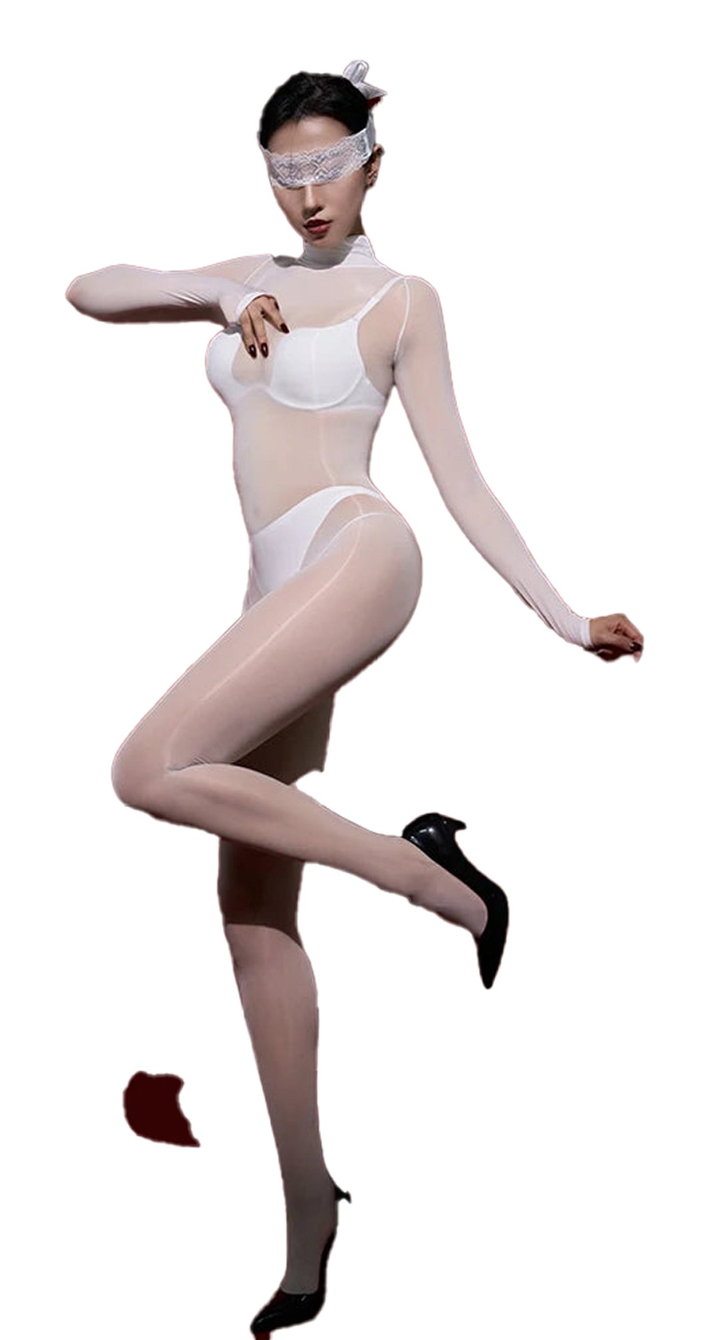 Glossy transparent bodysuit for women by LuckeLadybug LLC showcasing a stylish design and sheer material