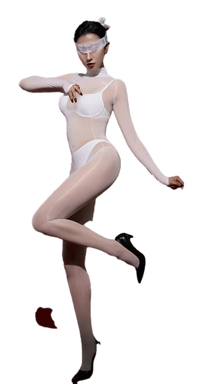 Glossy transparent bodysuit for women by LuckeLadybug LLC showcasing a stylish design and sheer material