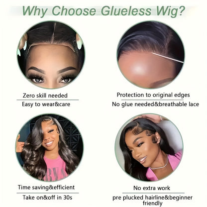 Promotional image for glueless human hair wig for women with benefits highlighted for easy wear and maintenance
