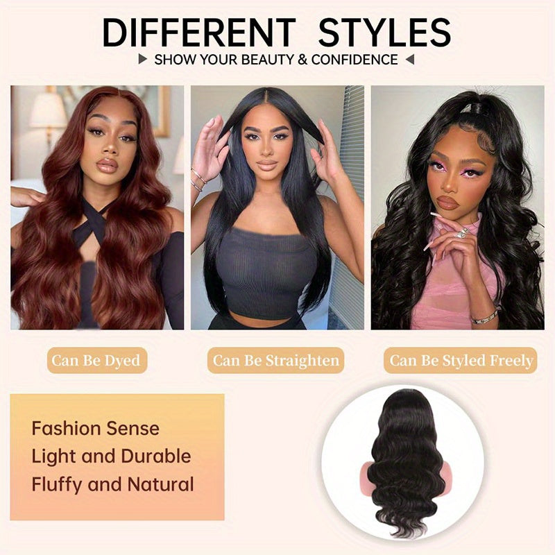 Different styles of glueless human hair wig for women, featuring dyeable, straight, and freely styled options.