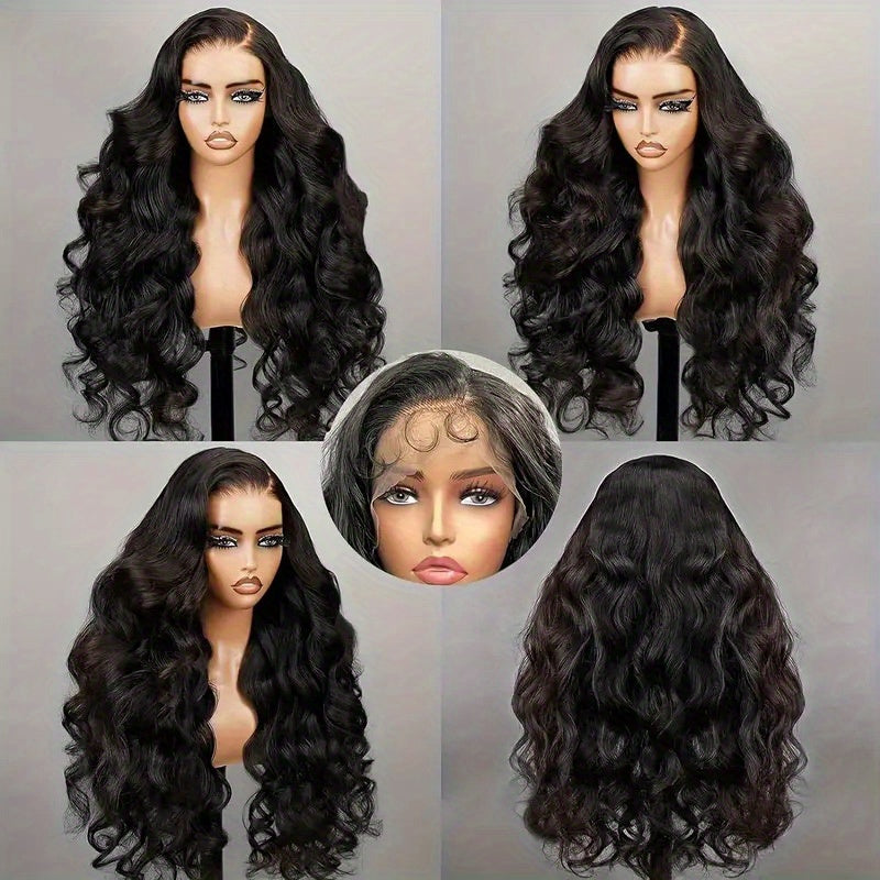 Glueless human hair wig for women with long, wavy black curls displayed from multiple angles