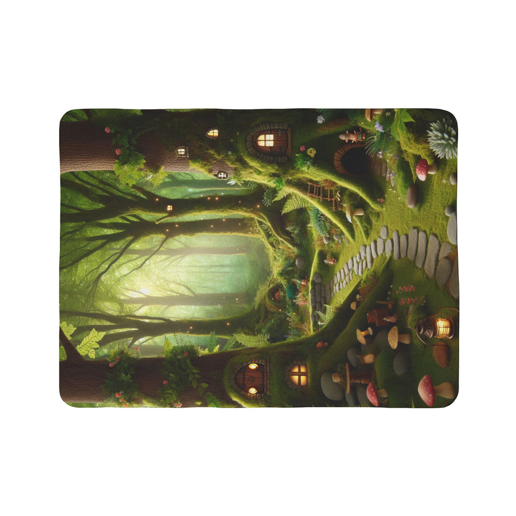 LuckeLadybug gnome forest sherpa blanket with whimsical forest homes and glowing lights design