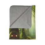 LuckeLadybug gnome forest sherpa blanket with cozy gray fleece and whimsical forest gnome house design