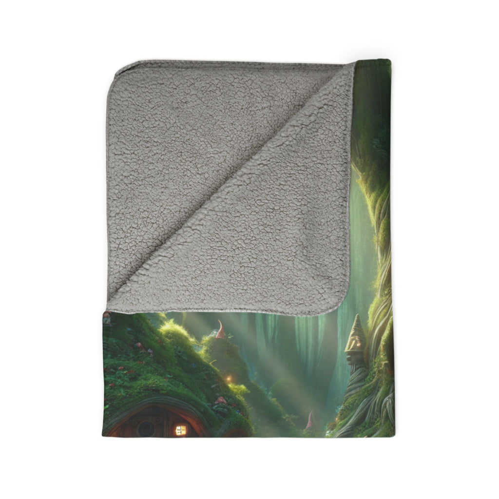 Gnome forest sherpa blanket with a cozy gray sherpa lining and fantasy forest design