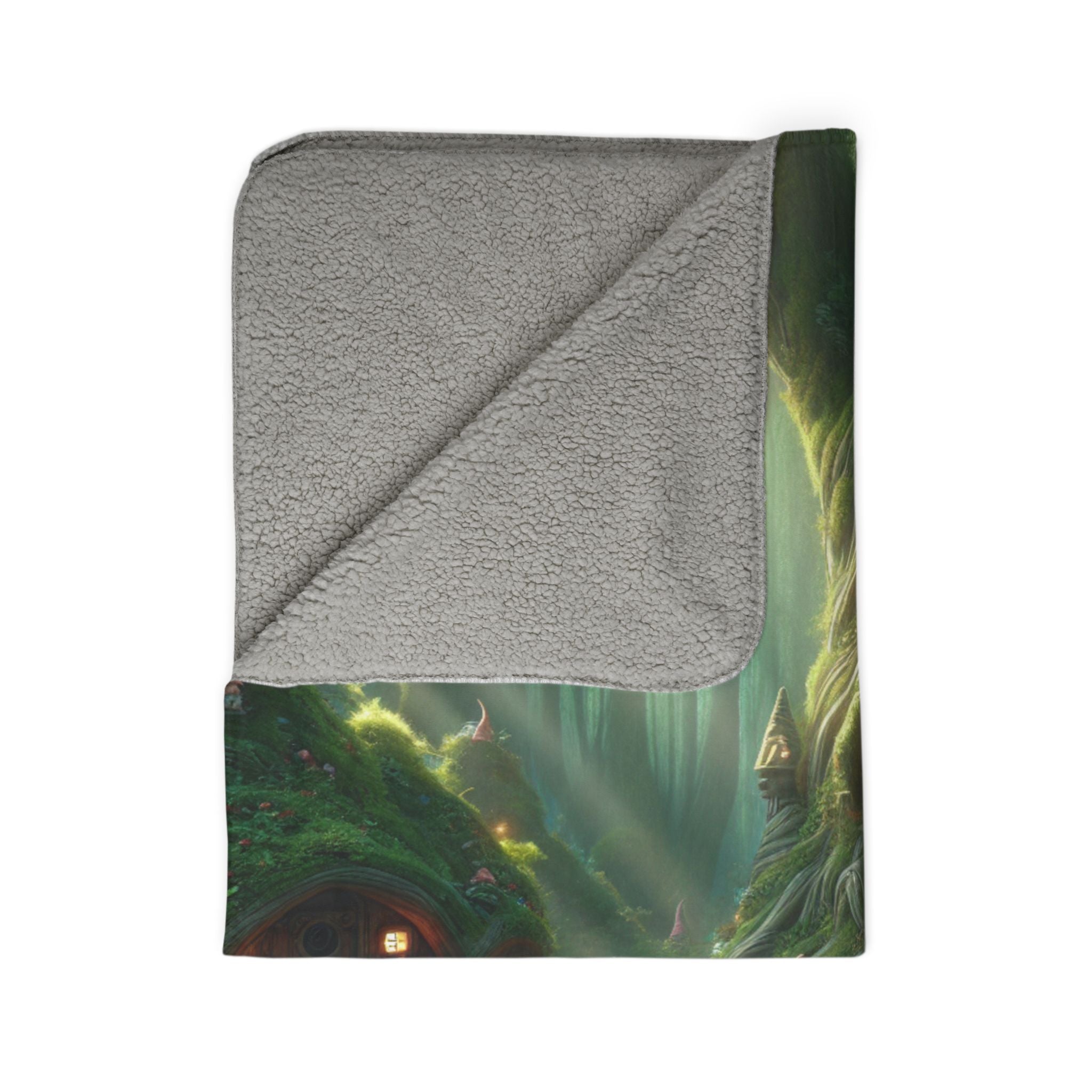 Gnome forest sherpa blanket with a cozy gray sherpa lining and fantasy forest design