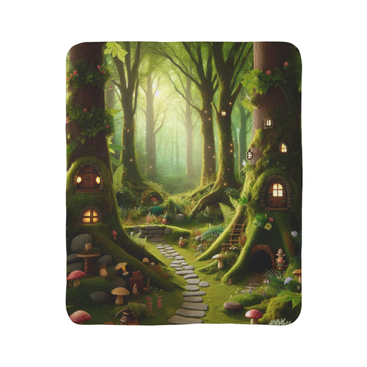 LuckeLadybug gnome forest sherpa blanket with whimsical tree homes and glowing windows in a magical woodland