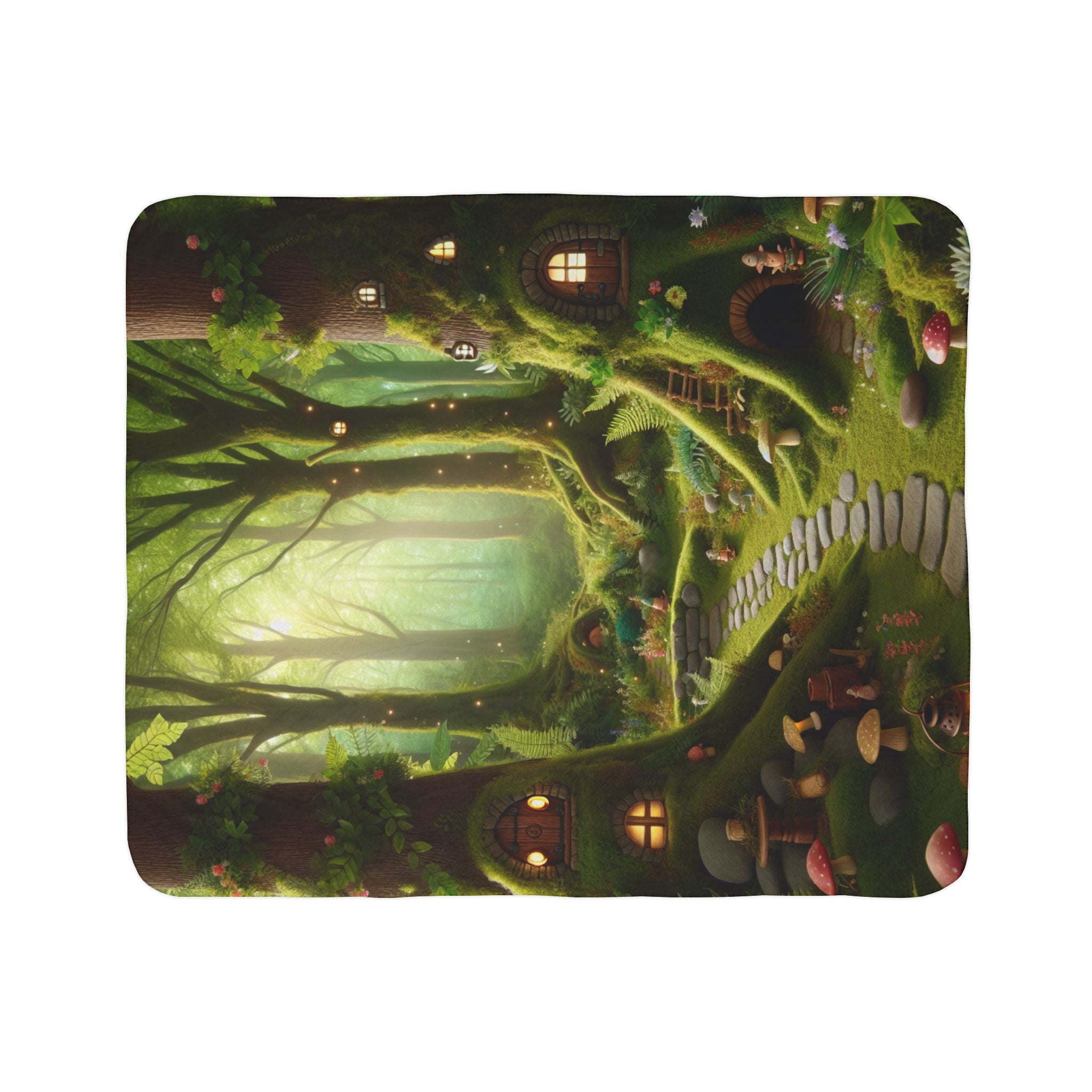 LuckeLadybug gnome forest sherpa blanket with whimsical glowing forest and cozy gnome homes