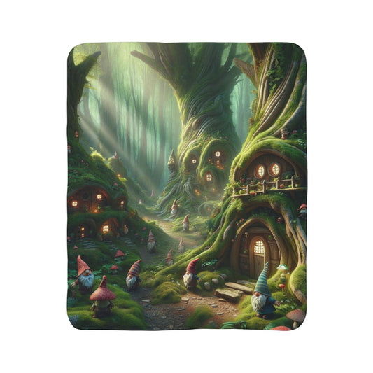 LuckeLadybug gnome forest sherpa blanket with whimsical gnome homes in an enchanted forest