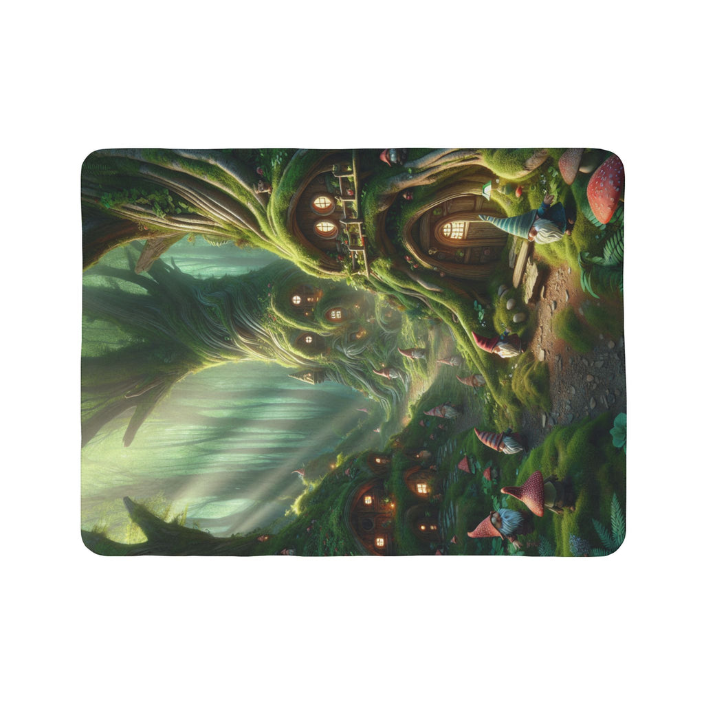 LuckeLadybug gnome forest sherpa blanket with whimsical gnome village and enchanted forest design