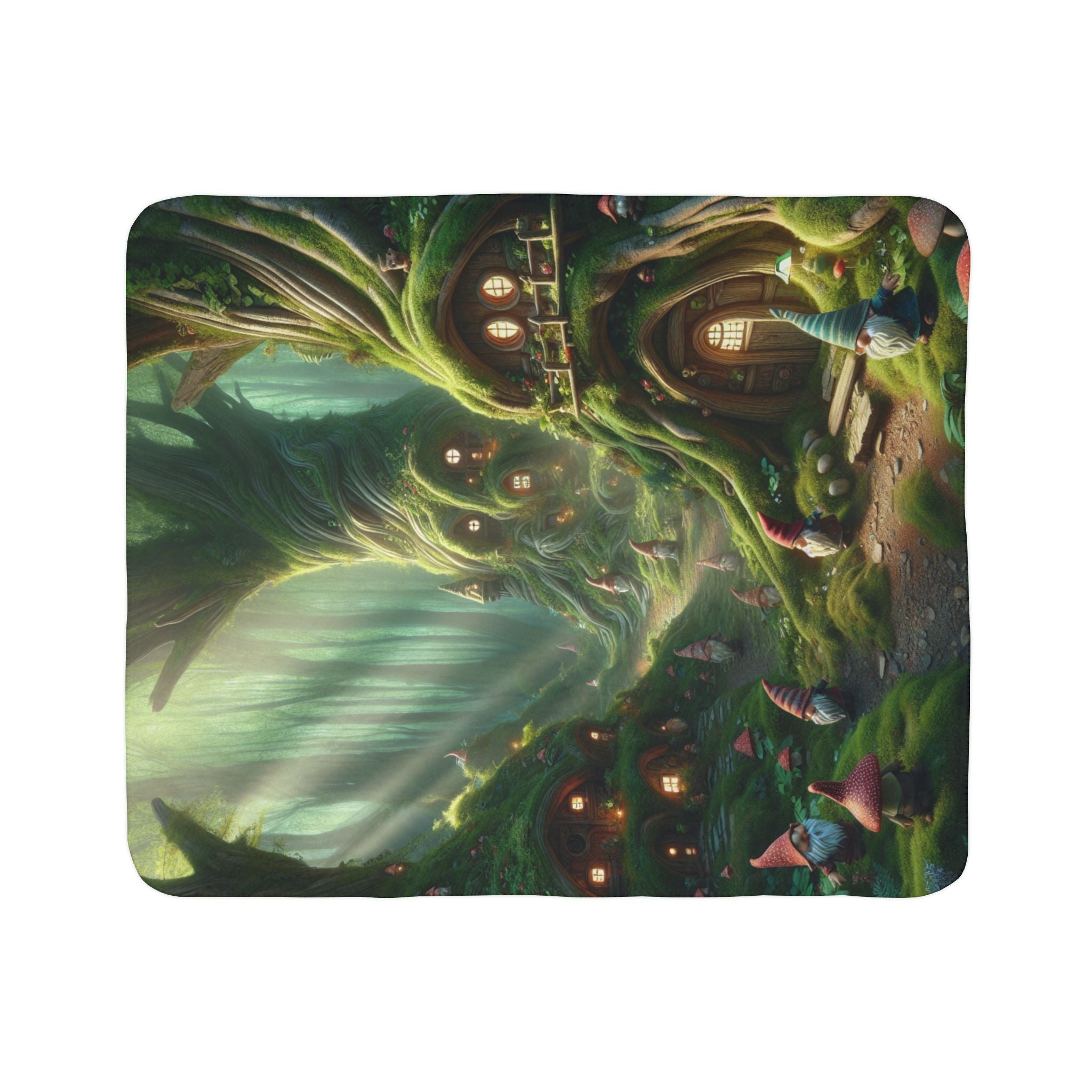 LuckeLadybug gnome forest sherpa blanket featuring whimsical gnome homes in a vibrant forest setting