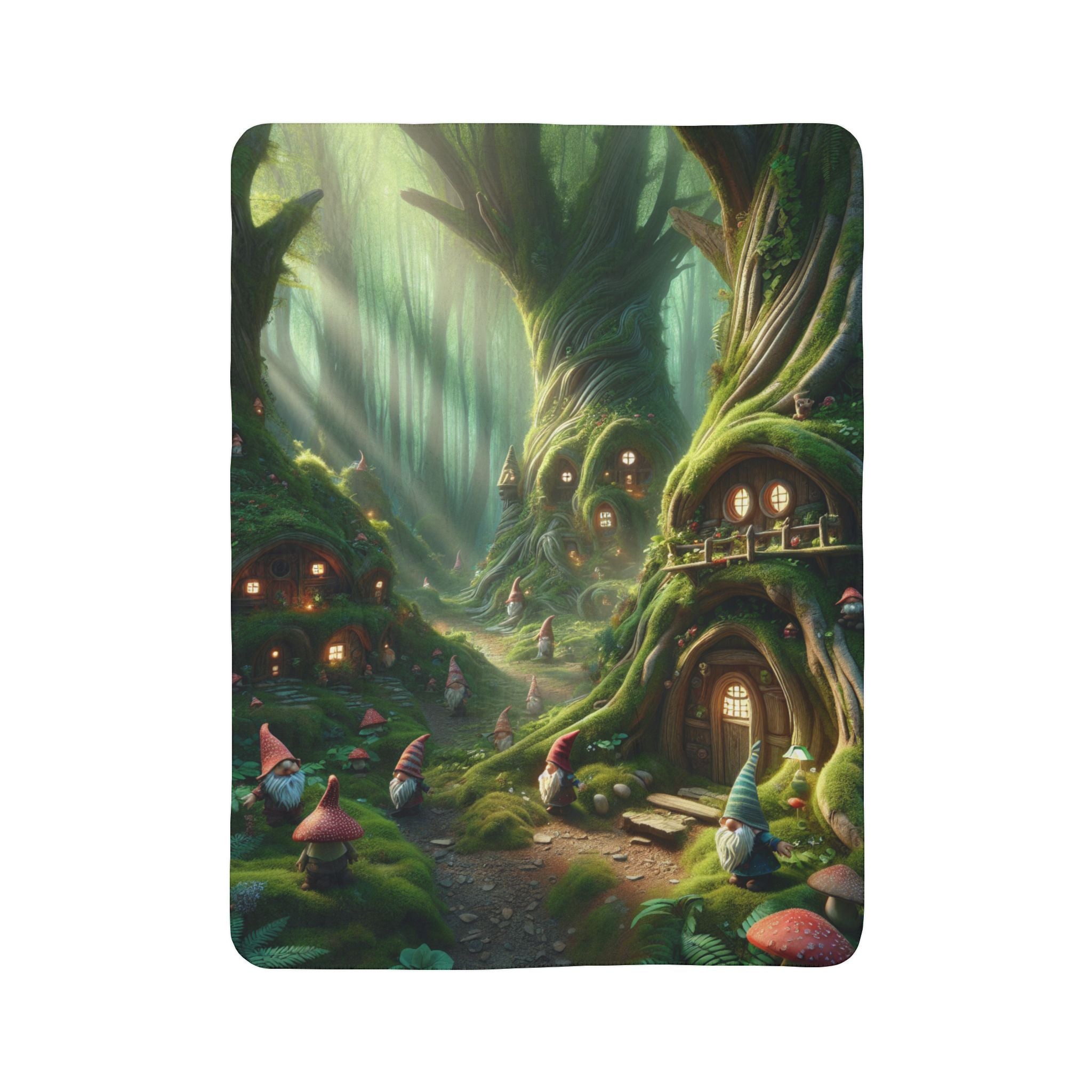 LuckeLadybug gnome forest sherpa blanket featuring whimsical gnome homes in an enchanted forest scene