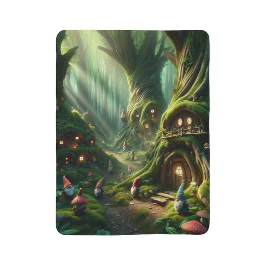 LuckeLadybug gnome forest sherpa blanket featuring whimsical gnome homes in an enchanted forest scene
