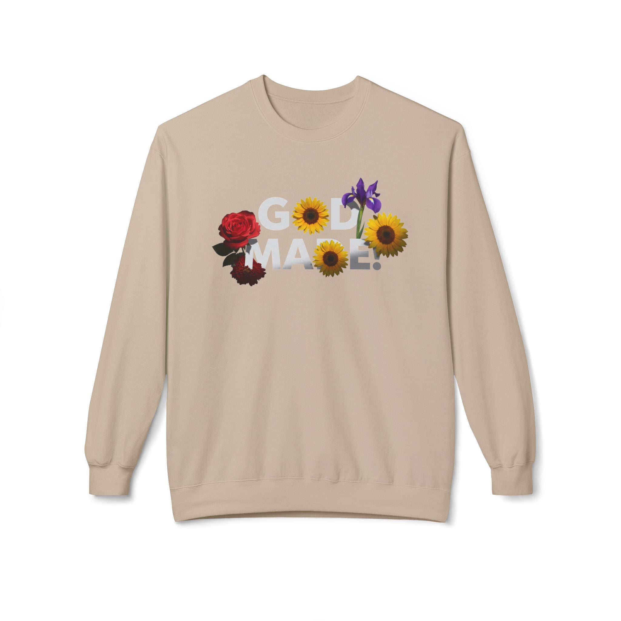 LuckeLadybug beige God Made sweatshirt with floral design featuring rose, sunflower, and iris flowers